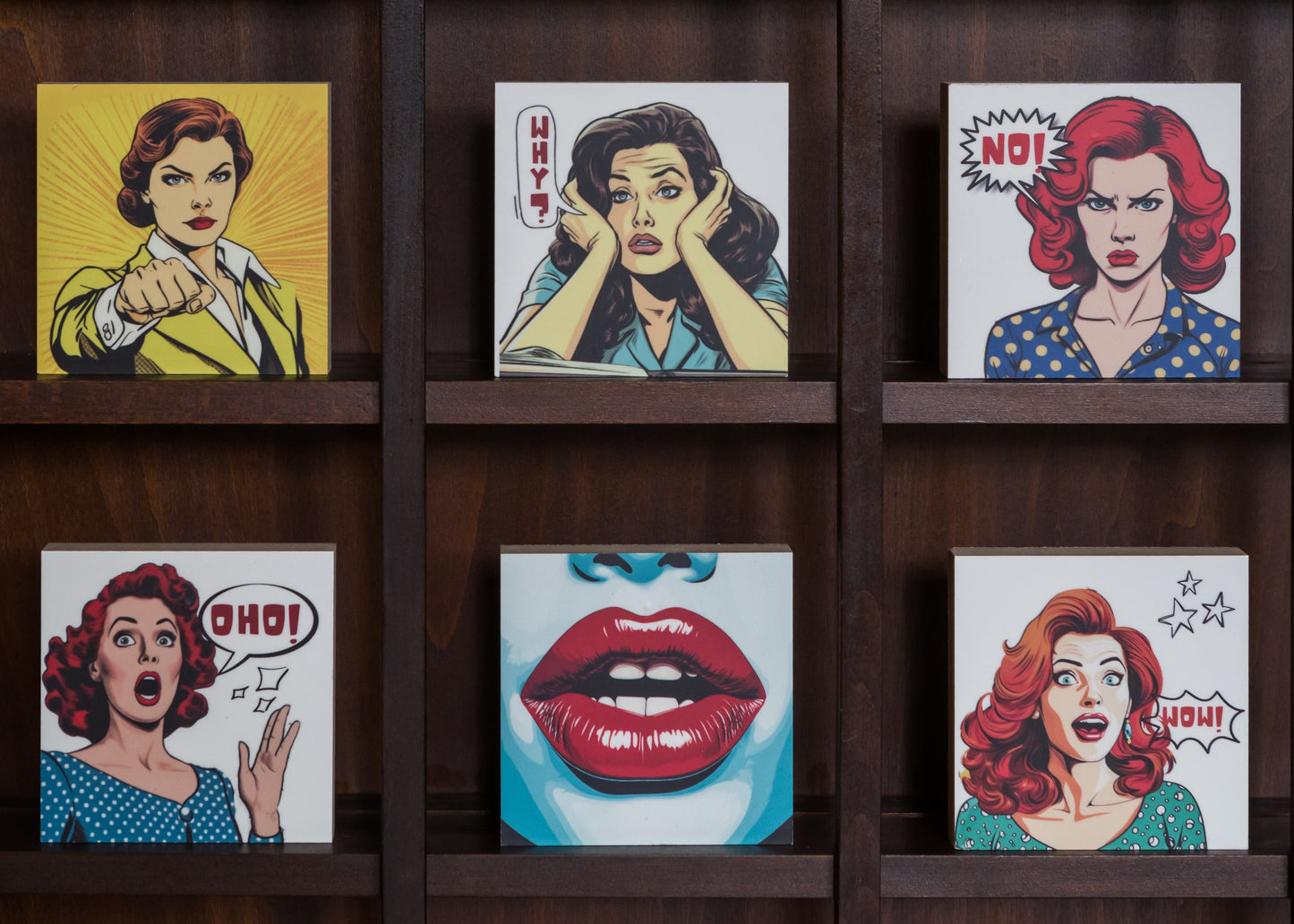 Alle sechs Motive der Bilderreihe Pop Art in einem Regal.