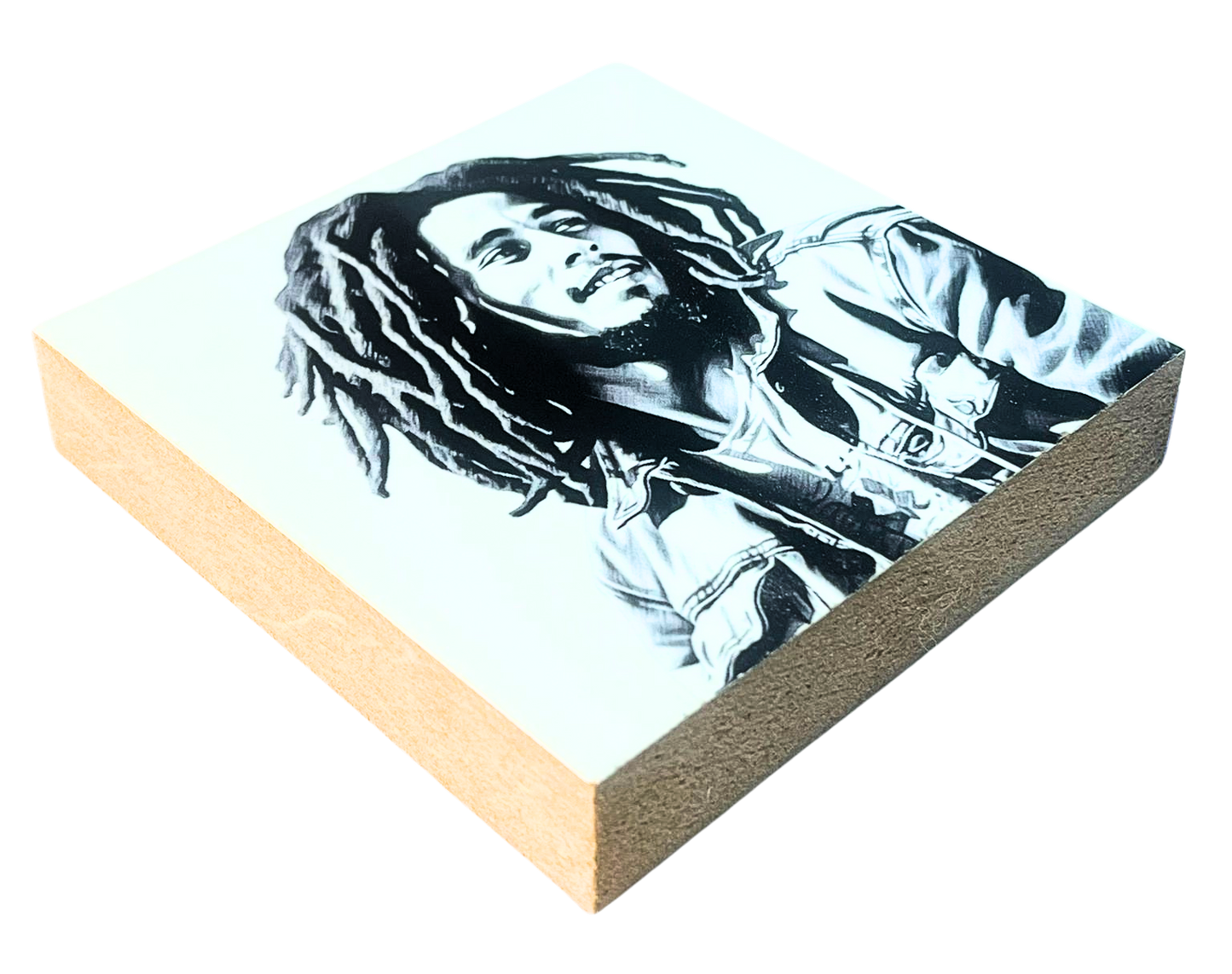 Liegende Ansicht Holzbild mit der Abbildung von Bob Marley