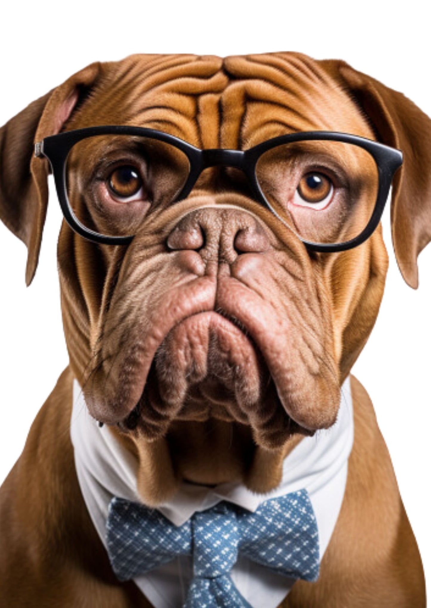 Vollbild Motiv Portrait einer Bordeaux Dogge mit Anzug, Fliege und Brille