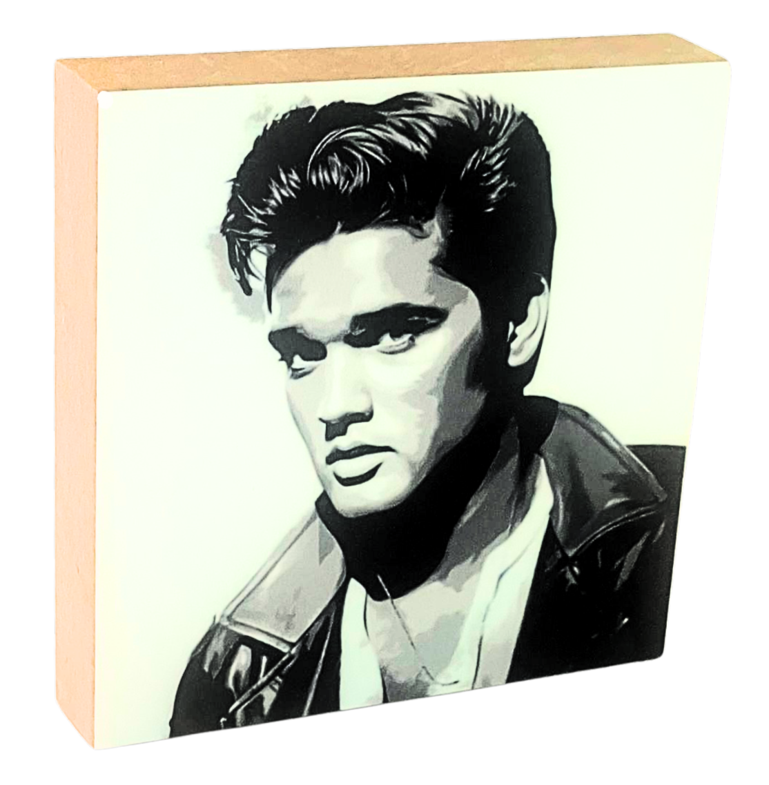 Holzbild 10 x 10 cm mit einem Portrait von Elvis Presley.