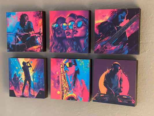Festival Kollektion – sechs Holzbilder Bass, DJ, Drums, Frontman, Groupies, Sax