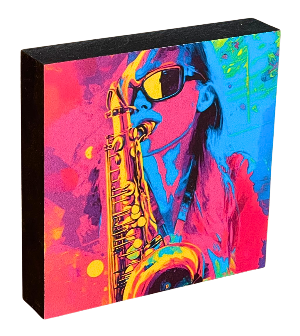 Festival Holzbild Sax – buntes Motiv auf schwarzem MDF, 10 x 10 cm
