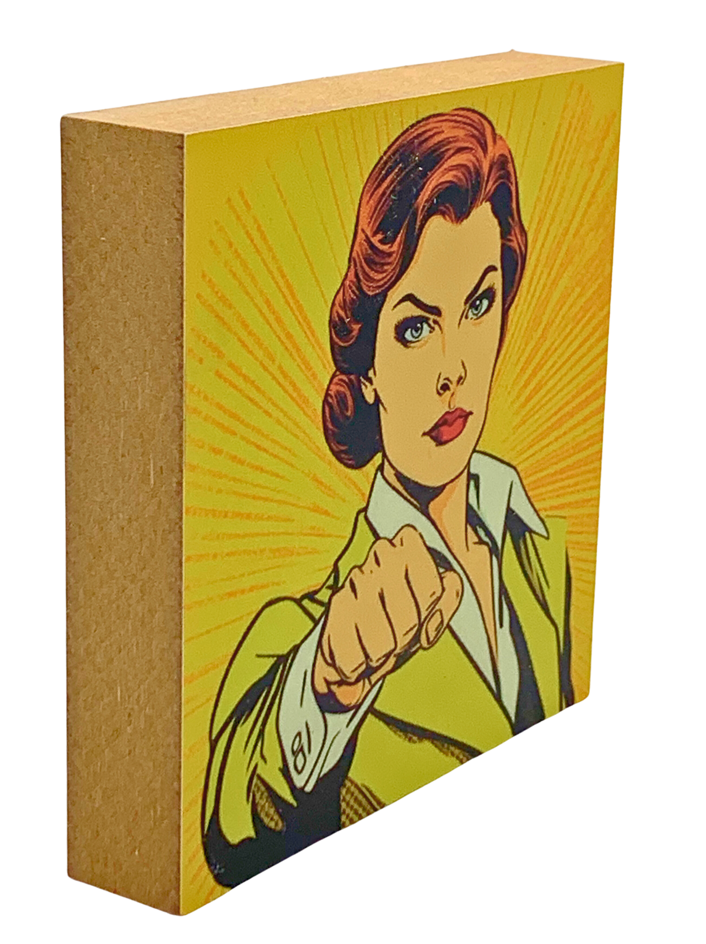 Holzbild 10 x 10 cm, Pop Art Motiv mit gelbem Hintergrund, Frau mit geballter Faust