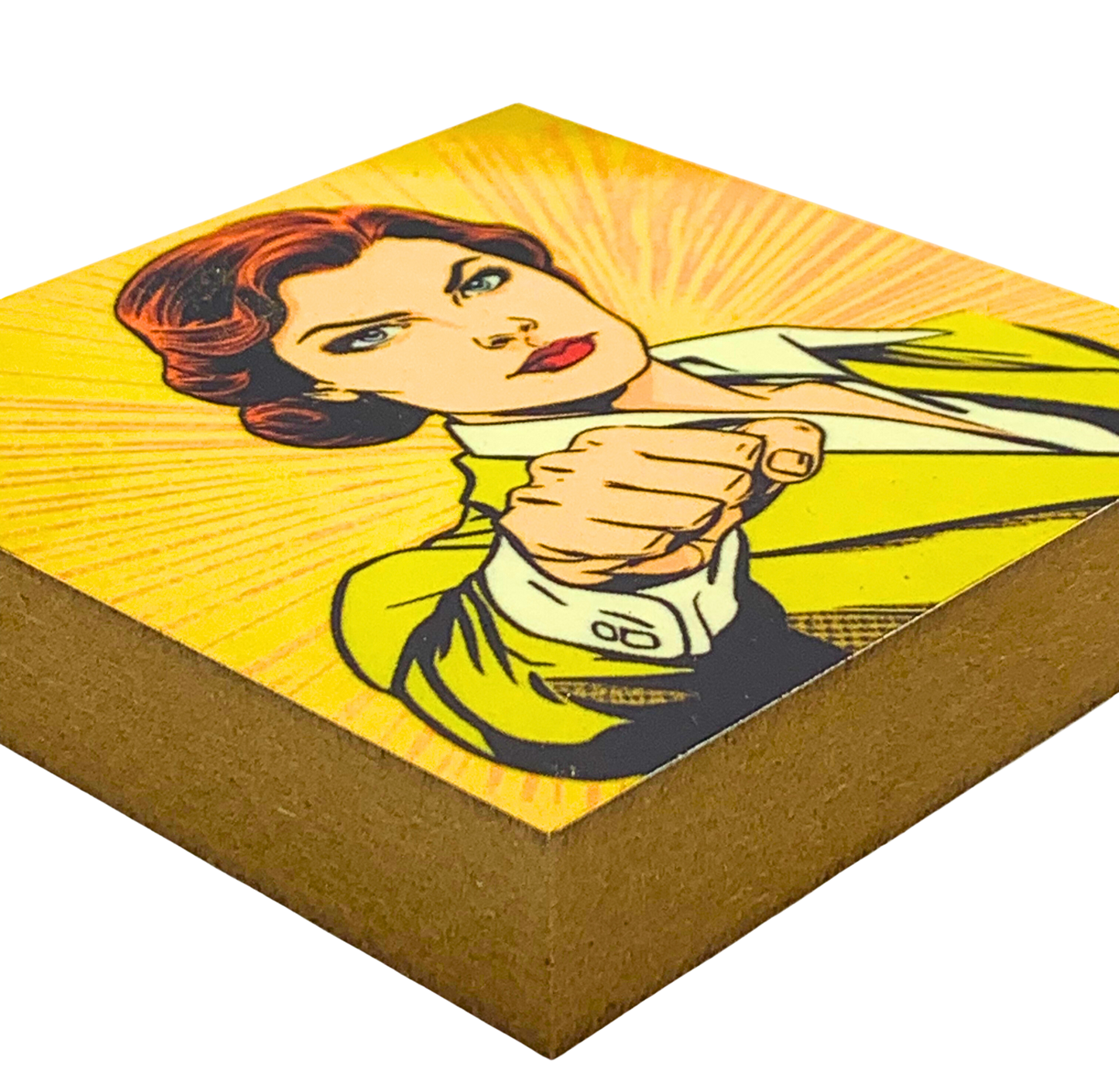 Liegende Ansicht von Holzbild 10 x 10 cm, Pop Art Motiv mit gelbem Hintergrund, Frau mit geballter Faust