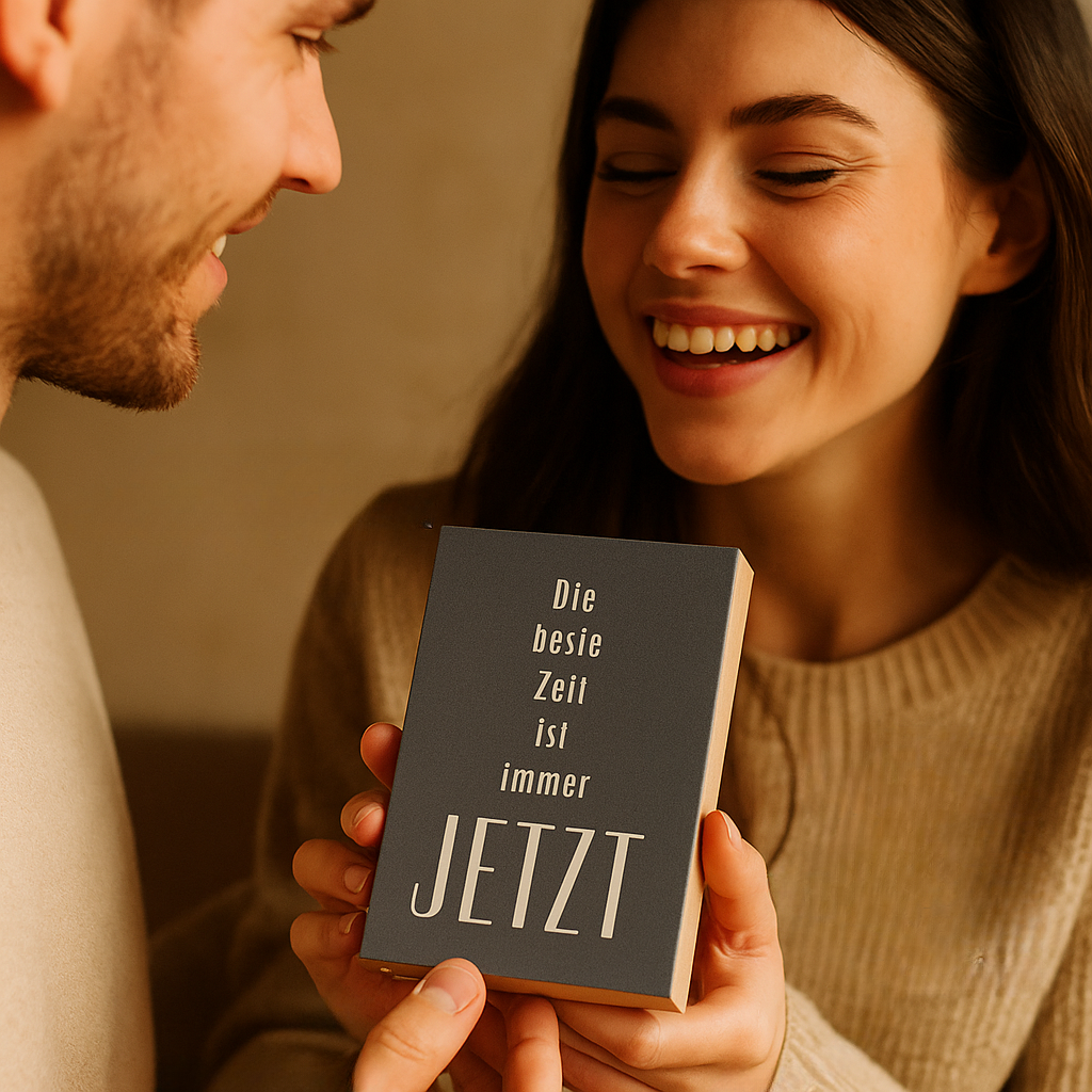 Junges Paar mit dem Holzbild "Die beste Zeit ist immer jetzt".