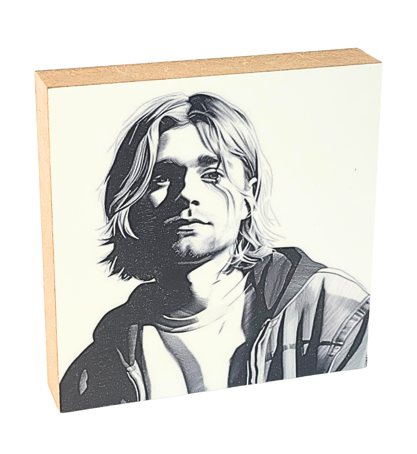 Holzbild 10 x 10 cm mit einem Portrait von Kurt Cobain.