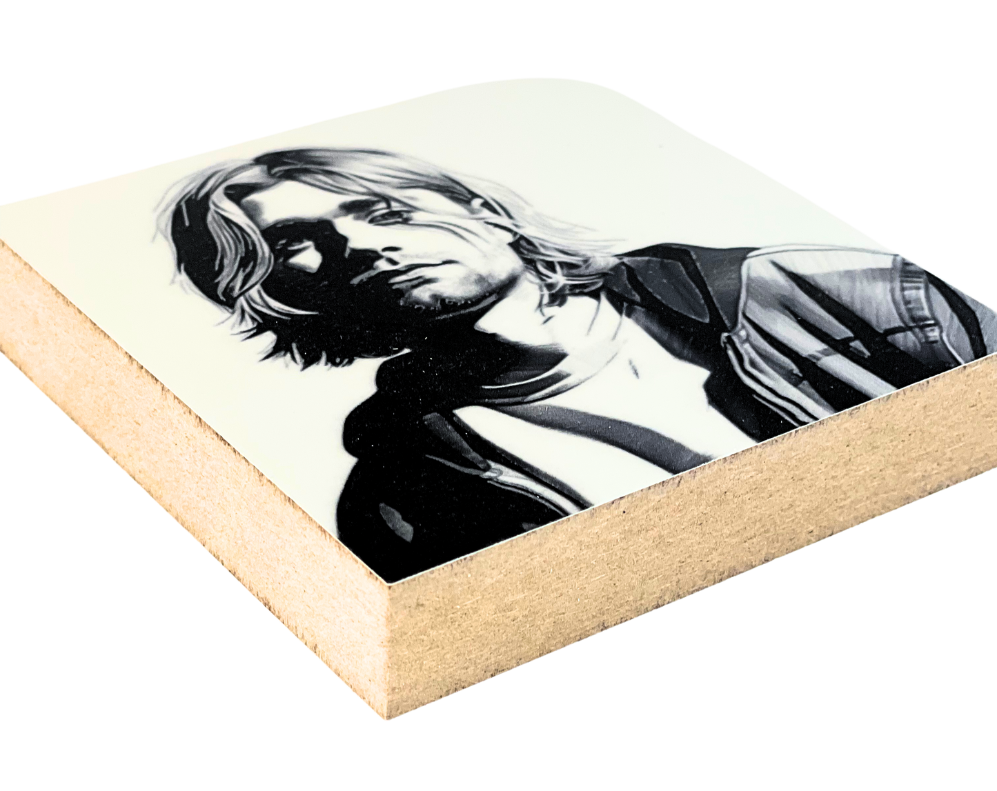 Liegende Ansicht Holzbild 10 x 10 cm mit einem Portrait von Kurt Cobain.