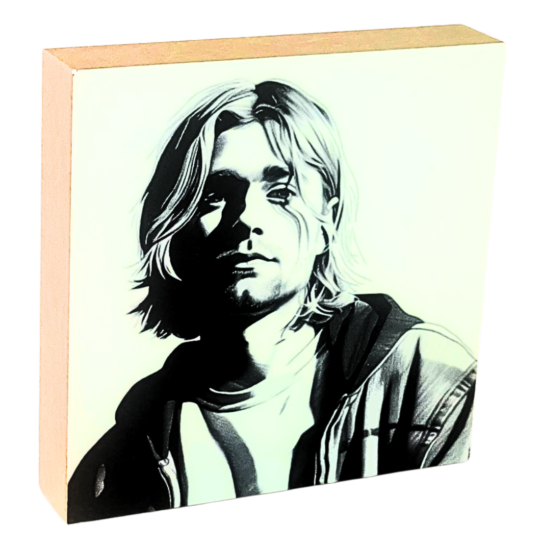 Holzbild 10 x 10 cm mit einem Portrait von Kurt Cobain.