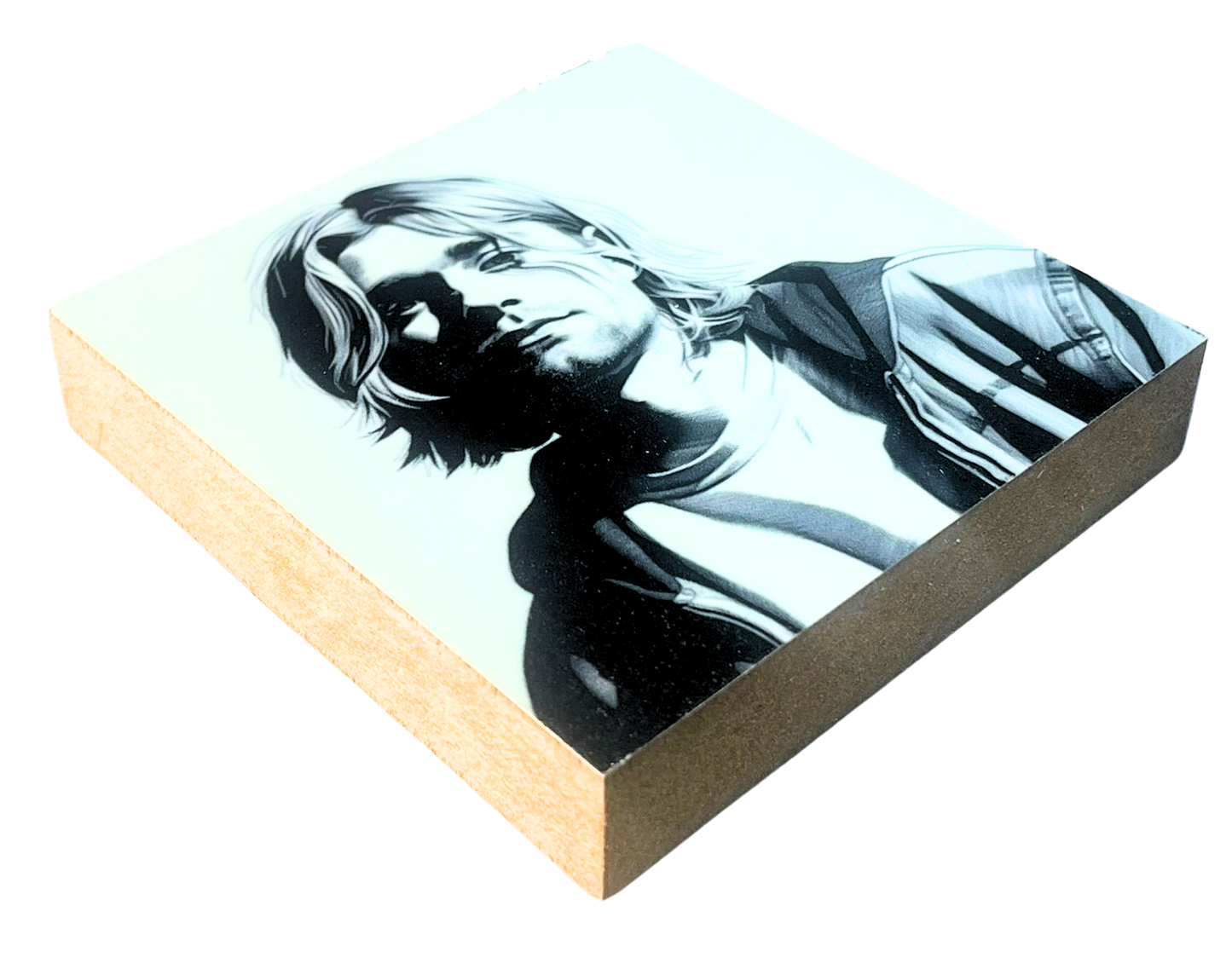 Liegende Ansicht Holzbild 10 x 10 cm mit einem Portrait von Kurt Cobain.