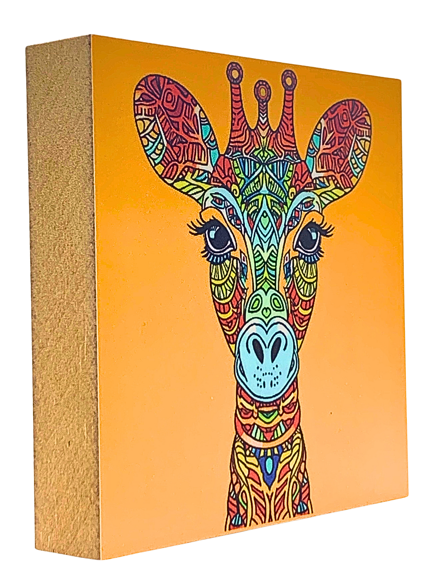 Holzbild 10 x 10 cm mit orangefarbenem Hintergrund und Giraffenkopf mit bunten Mandala-Mustern