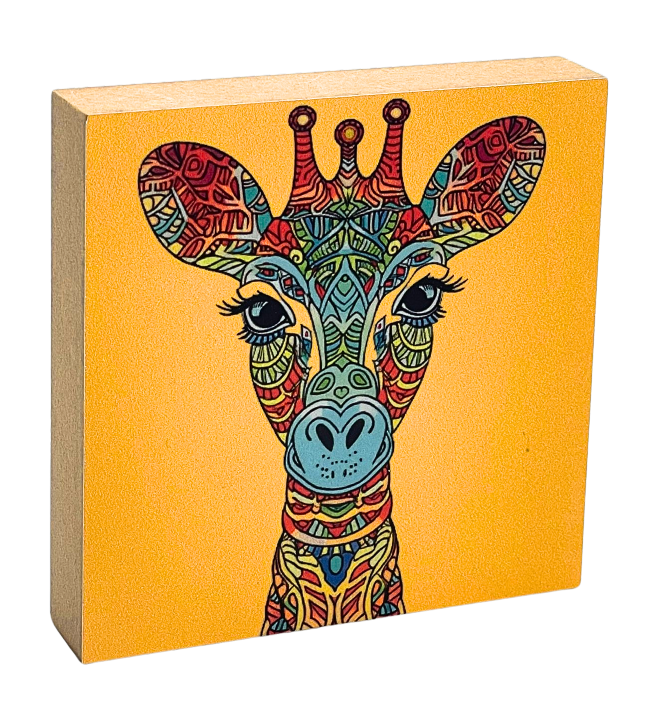 Holzbild 10 x 10 cm mit orangefarbenem Hintergrund und Giraffenkopf mit bunten Mandala-Mustern