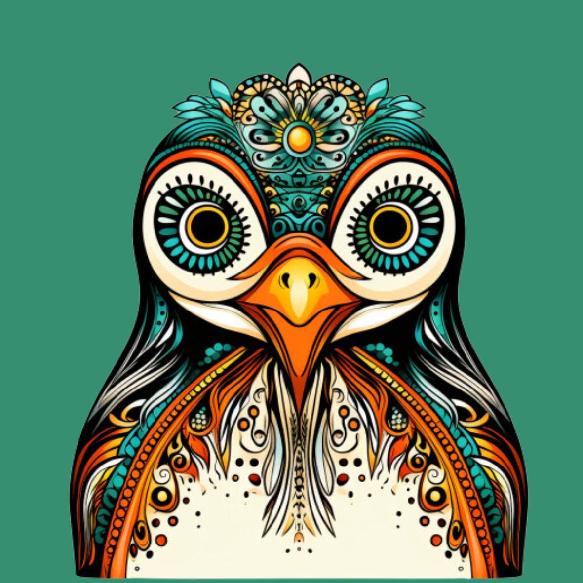Vollbild Motiv Holzbild mit orangefarbenem Hintergrund und Giraffenkopf mit bunten Mandala-Mustern