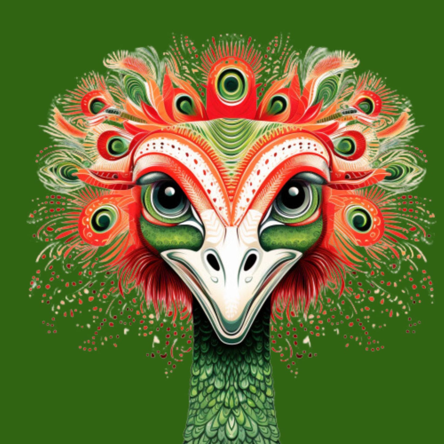 Vollbild Motiv Holzbild mit grünem Hintergrund und Kopf und Hals eines lächelnden Vogel Strauß mit bunten Mandala-Mustern