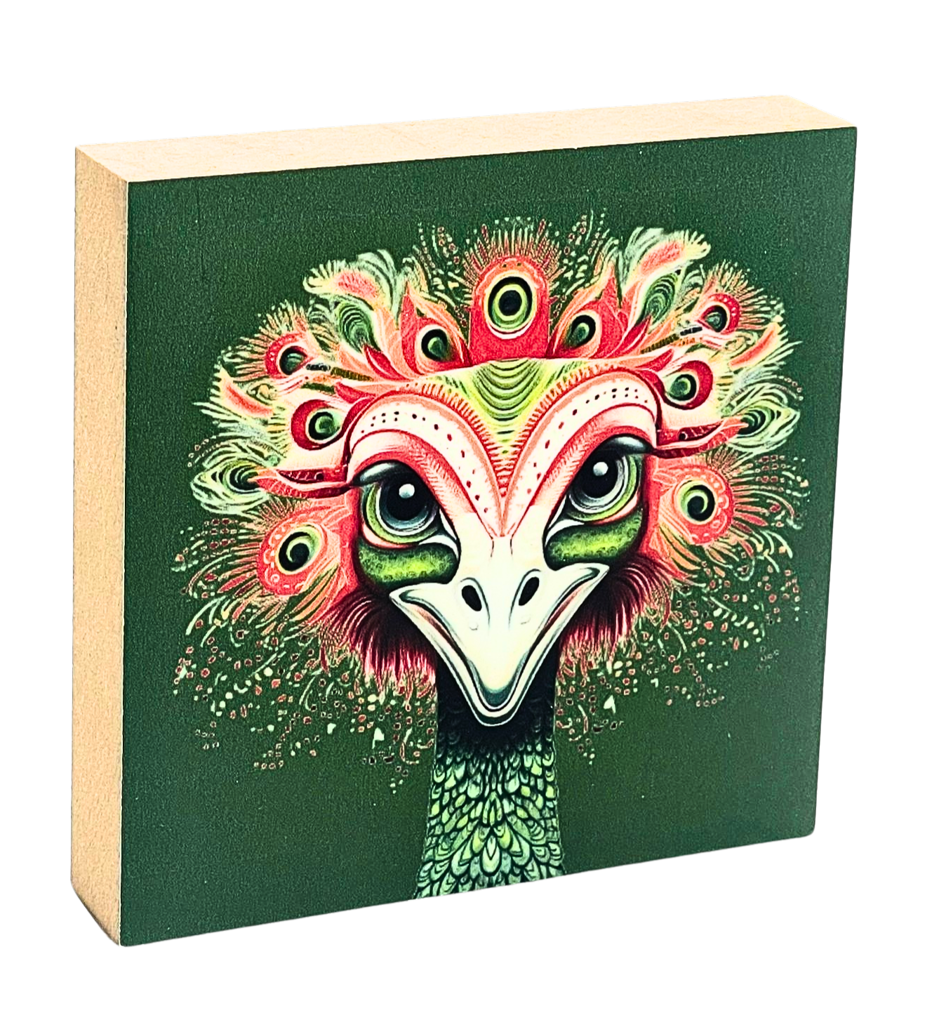 Holzbild 10 x 10 cm mit grünem Hintergrund und Kopf eines lächelnden Vogel Strauß mit bunten Mandala-Mustern