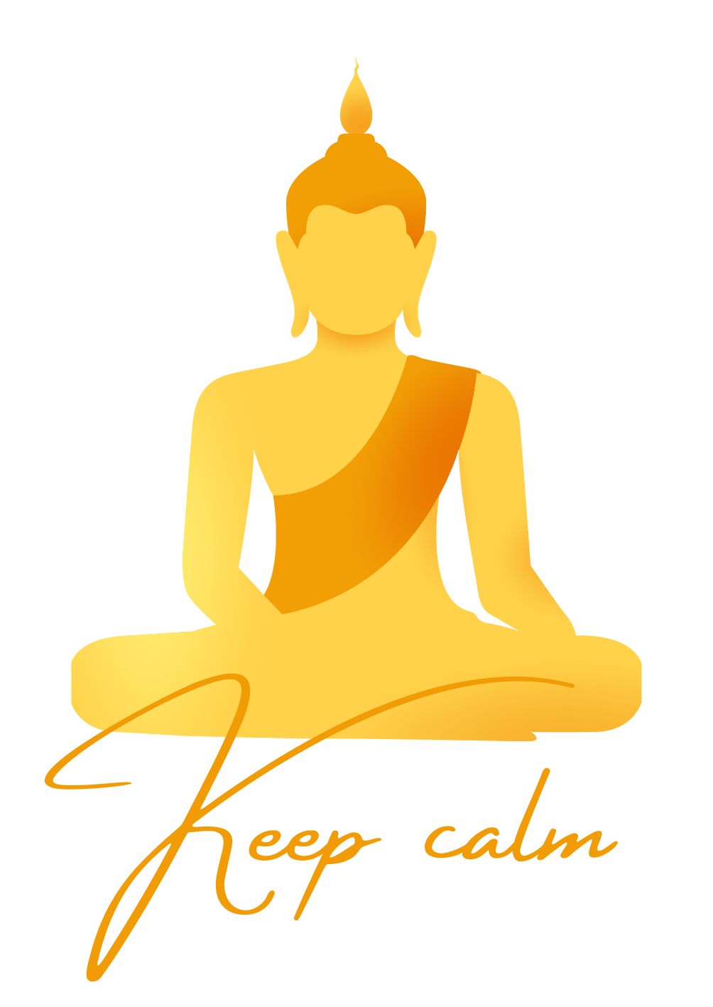 Vollbild Motiv Holzbild mit weißem Hintergrund, darauf Buddha sitzend in Gelb und Schrift "Keep calm"