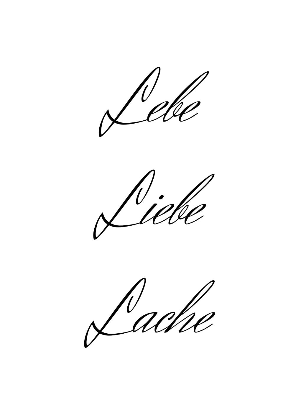 Vollbild Moriv Holzbild mit schwarzer Schrift auf weißem Hintergrund "Lebe. Liebe Lache."