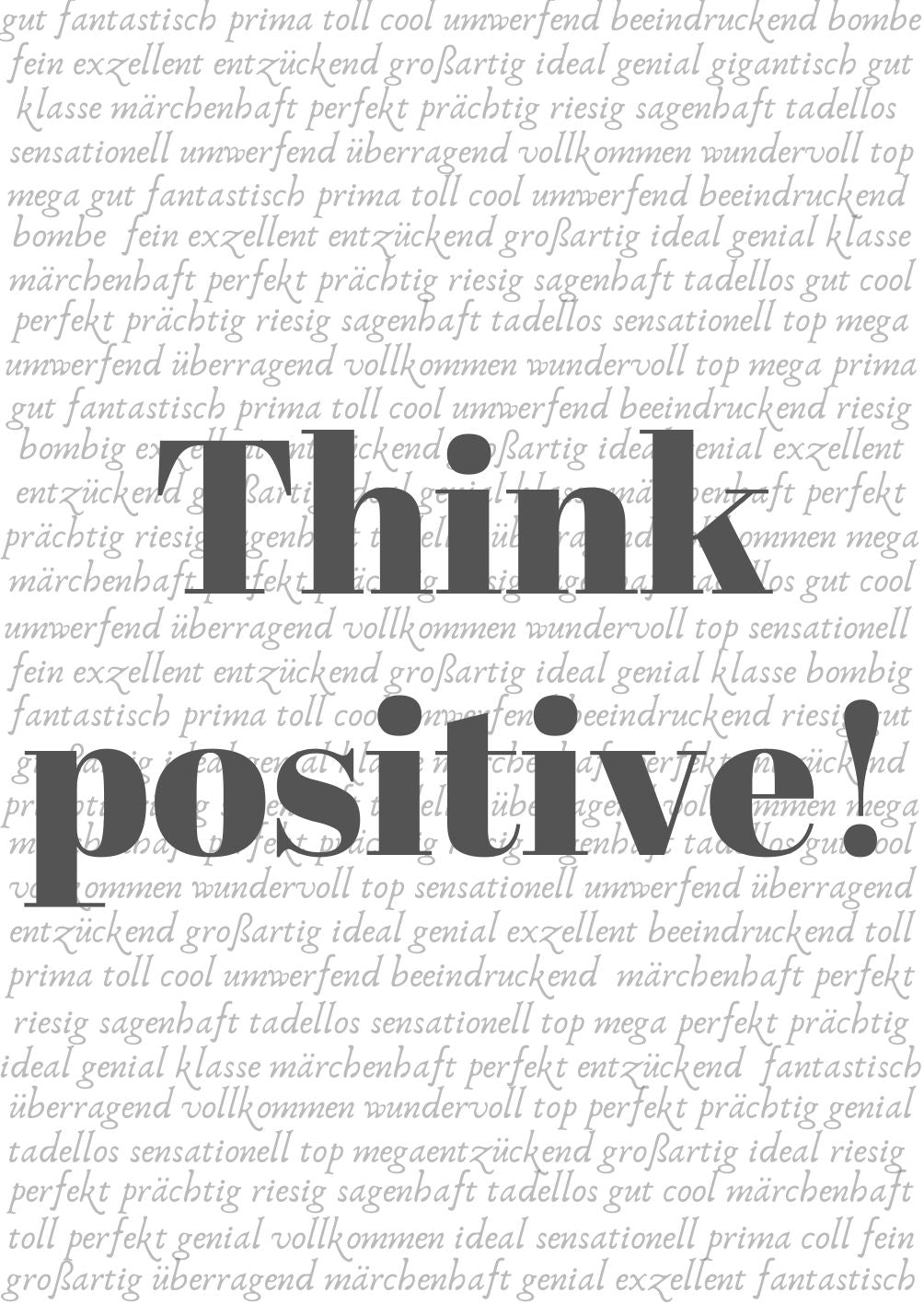 Vollbild Motiv Holzbild 8,5 x 12 cm, schwarze Schrift "Think positiv!" auf weiĂem Untergrund mit unzĂ€hligen positiven Adjektven
