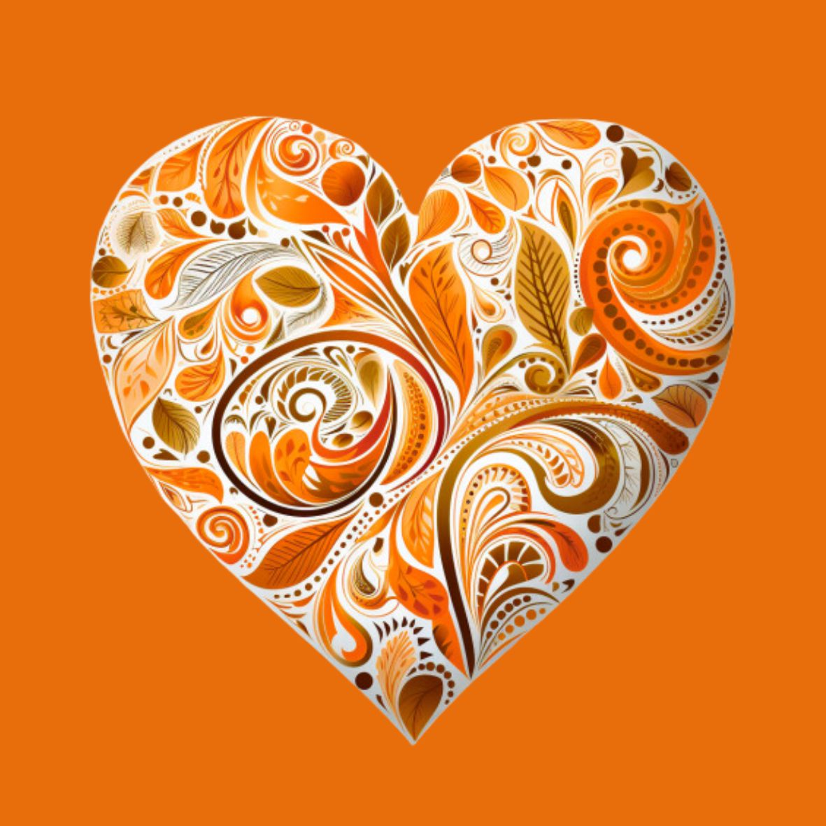 Vollbild Motiv Holzbild mit Herz aus floralen Mustern in Orange, Gelb und Weiß auf orangem Hintergund