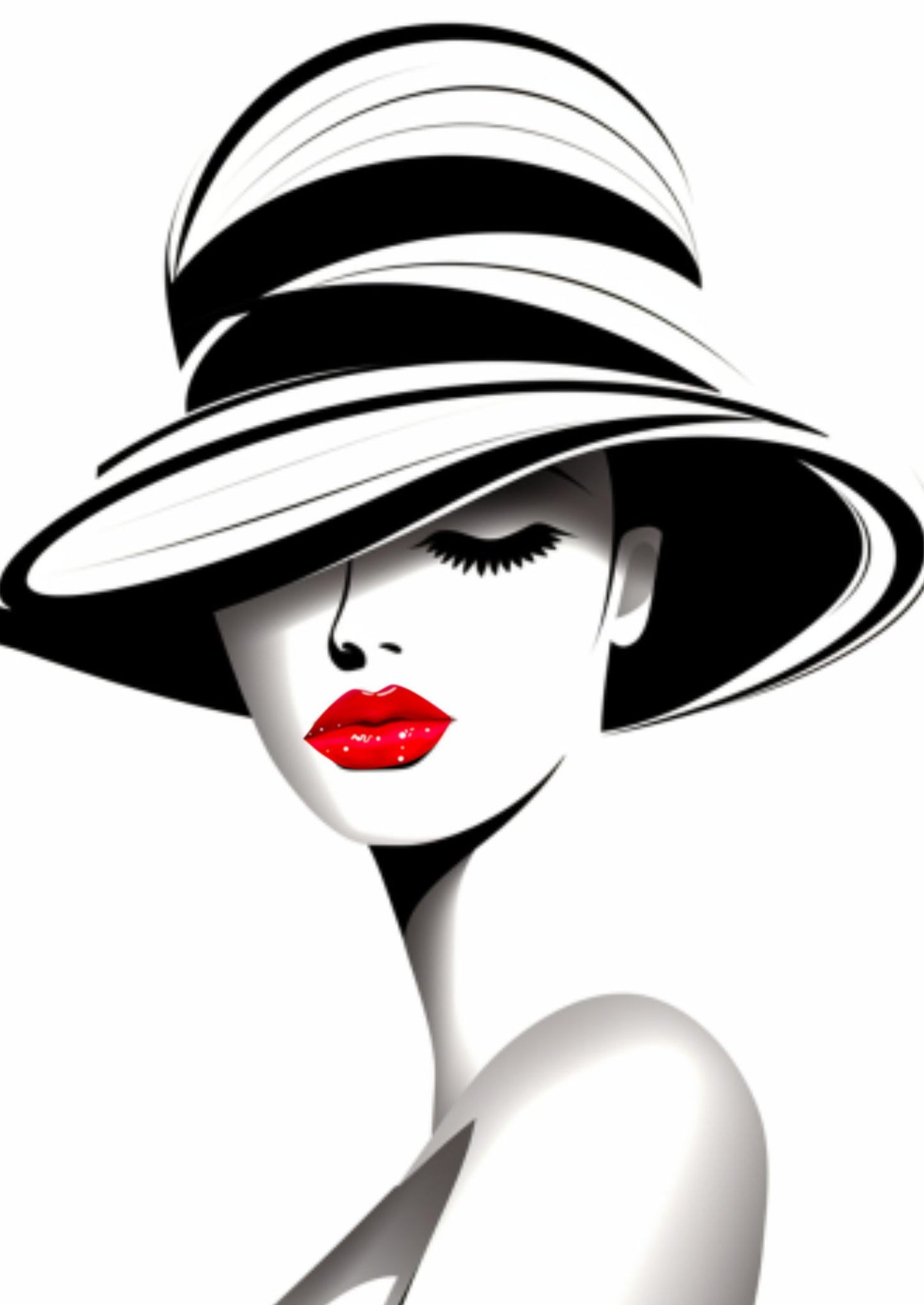 Vollbild Motiv Schwarz-Weiß Zeichnung eines Frauenkopfes mit ausgefallenem Hut und kräftig rot geschminkten Lippen