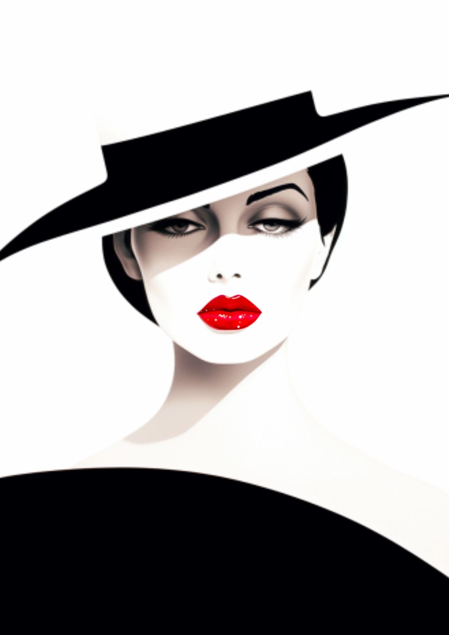 Vollbild Motiv Schwarz-Weiß Zeichnung eines Frauenkopfes mit ausgefallenem Hut und kräftig rot geschminkten Lippen