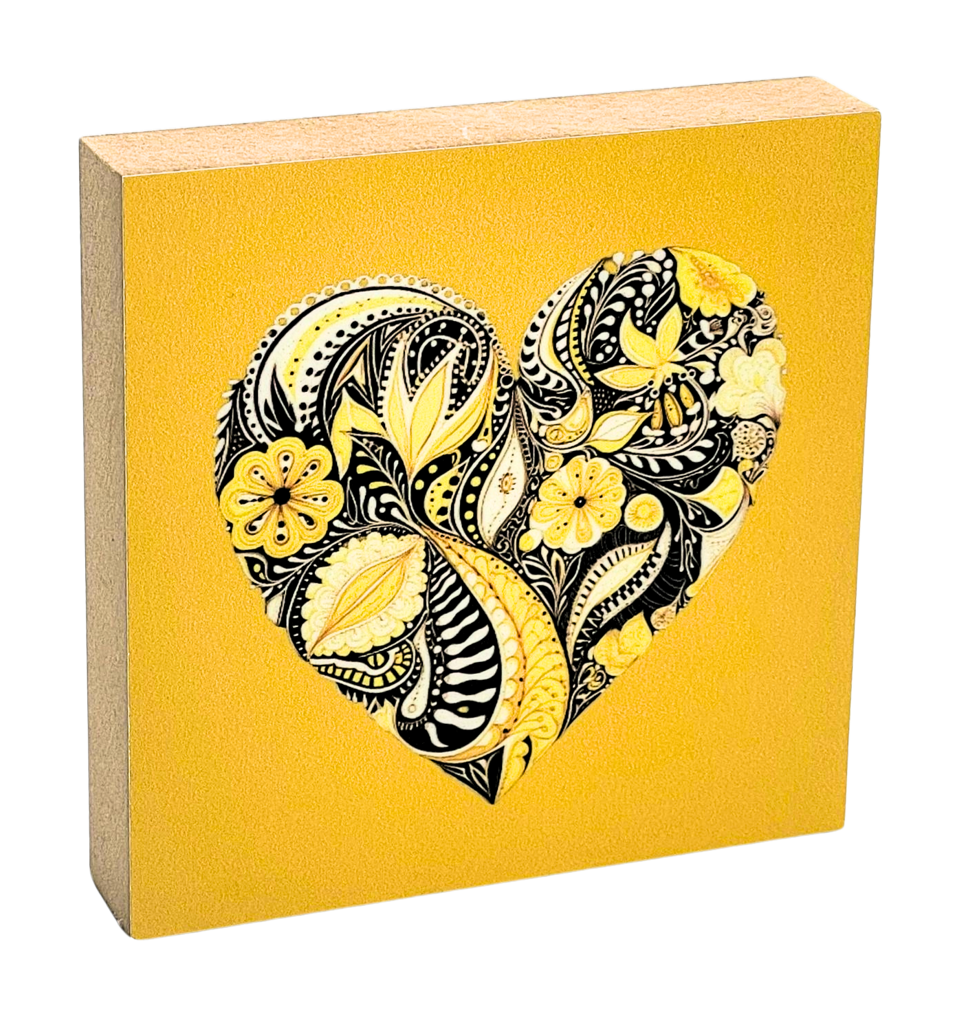 Holzbild 10 x 10 cm mit Herz aus floralen Mustern auf gelbem Hintergrund