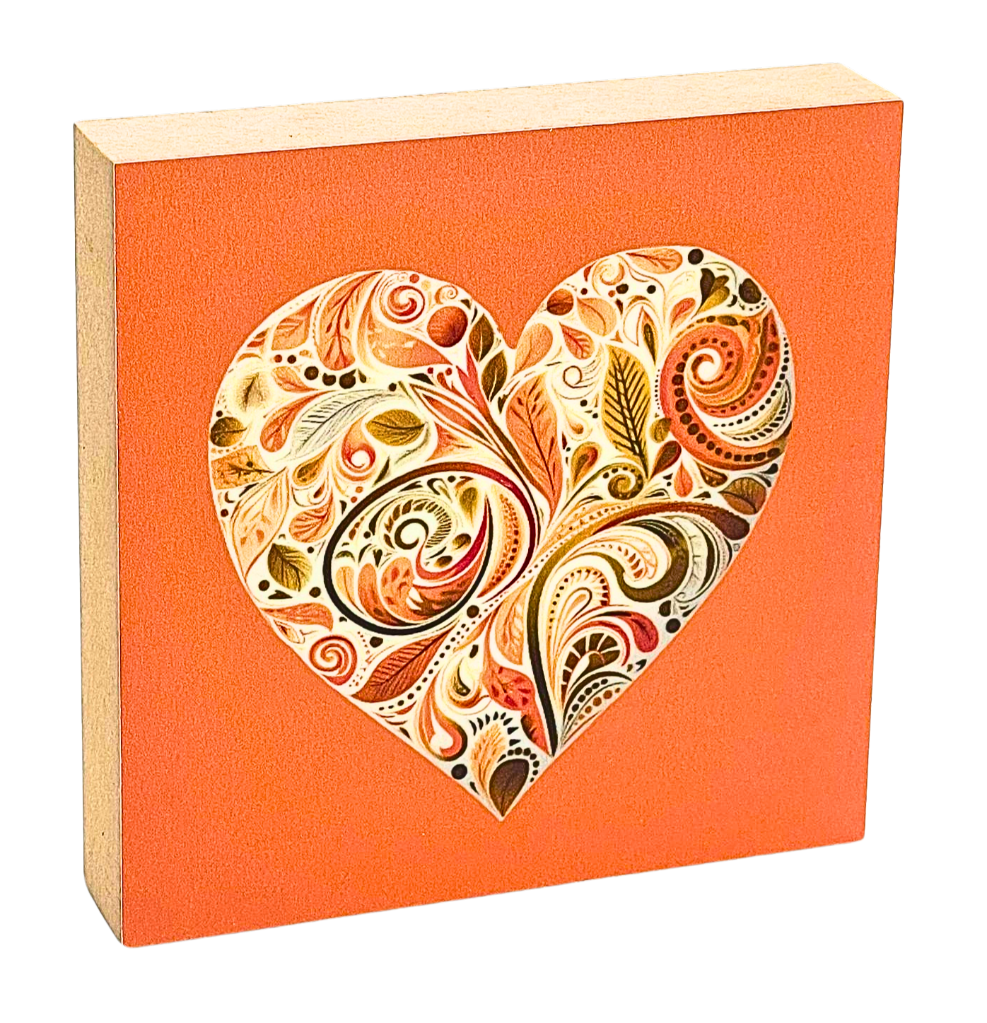 Holzbild 10 x 10 cm mit Herz aus floralen Mustern in Orange, Gelb und Weiß auf orangem Hintergund