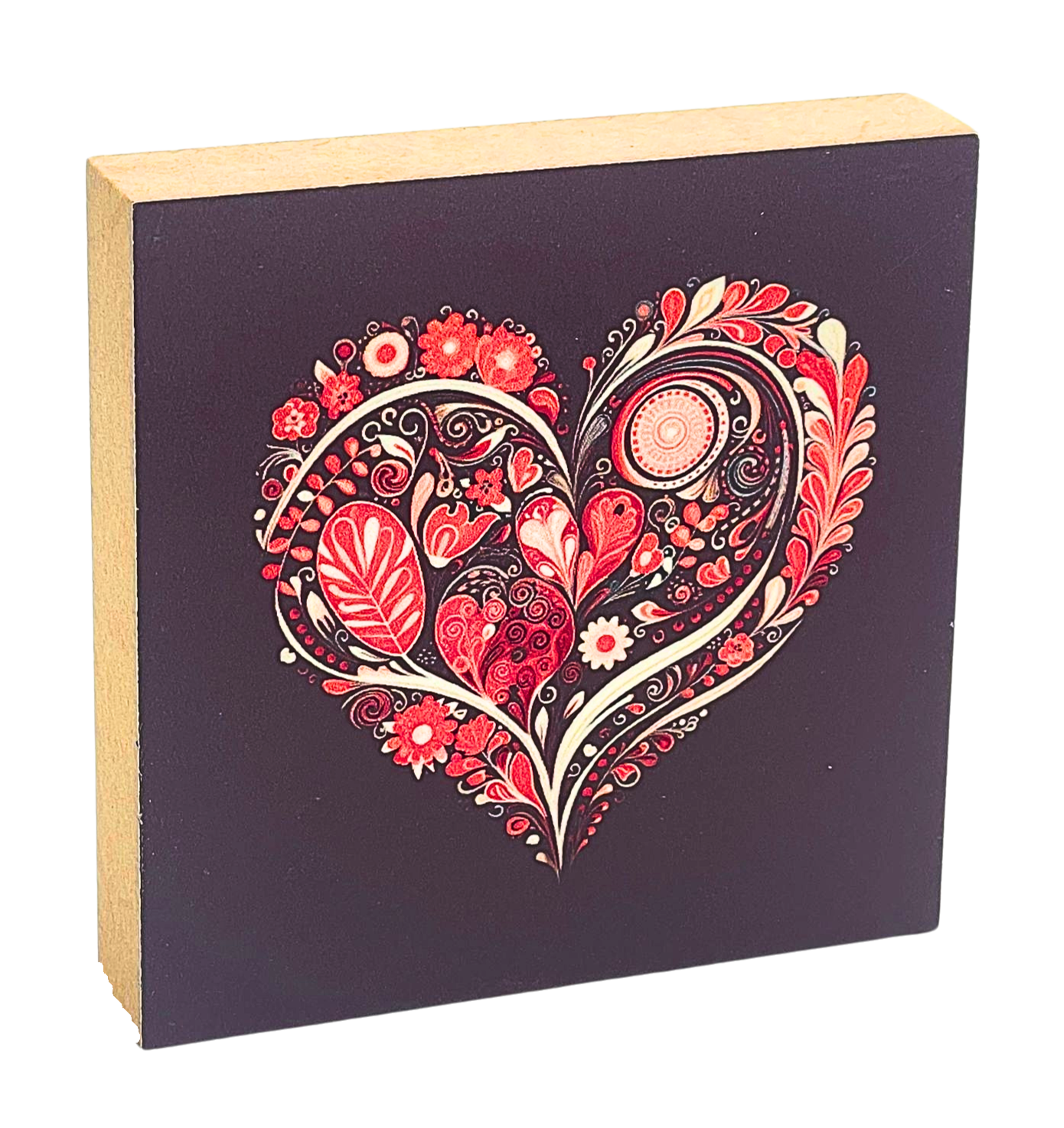 Holzbild 10 x 10 cm mit Herz aus floralen Mustern in verschiedenen Rottönen und Weiß auf rotem Hintergund