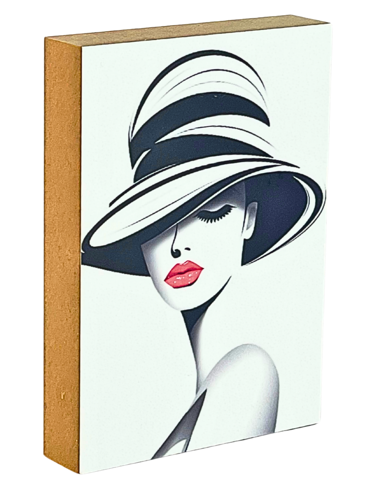 Holzbild 8,5 x 12 cm Schwarz-Weiß Zeichnung eines Frauenkopfes mit ausgefallenem Hut und kräftig rot geschminkten Lippen