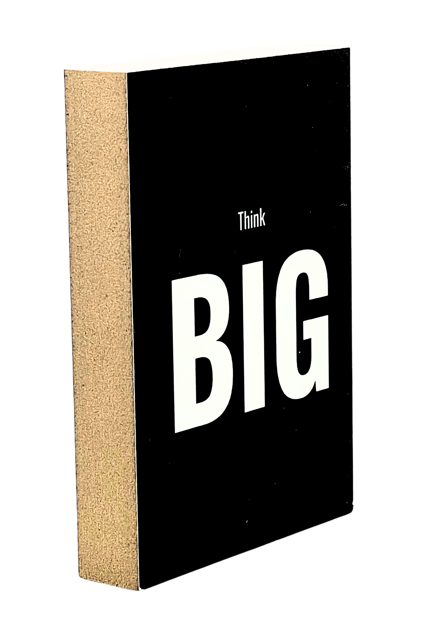 Holzbild 8,5 x 12 cm mit weißer Schrift auf schwarzem Untergrund "Think big".