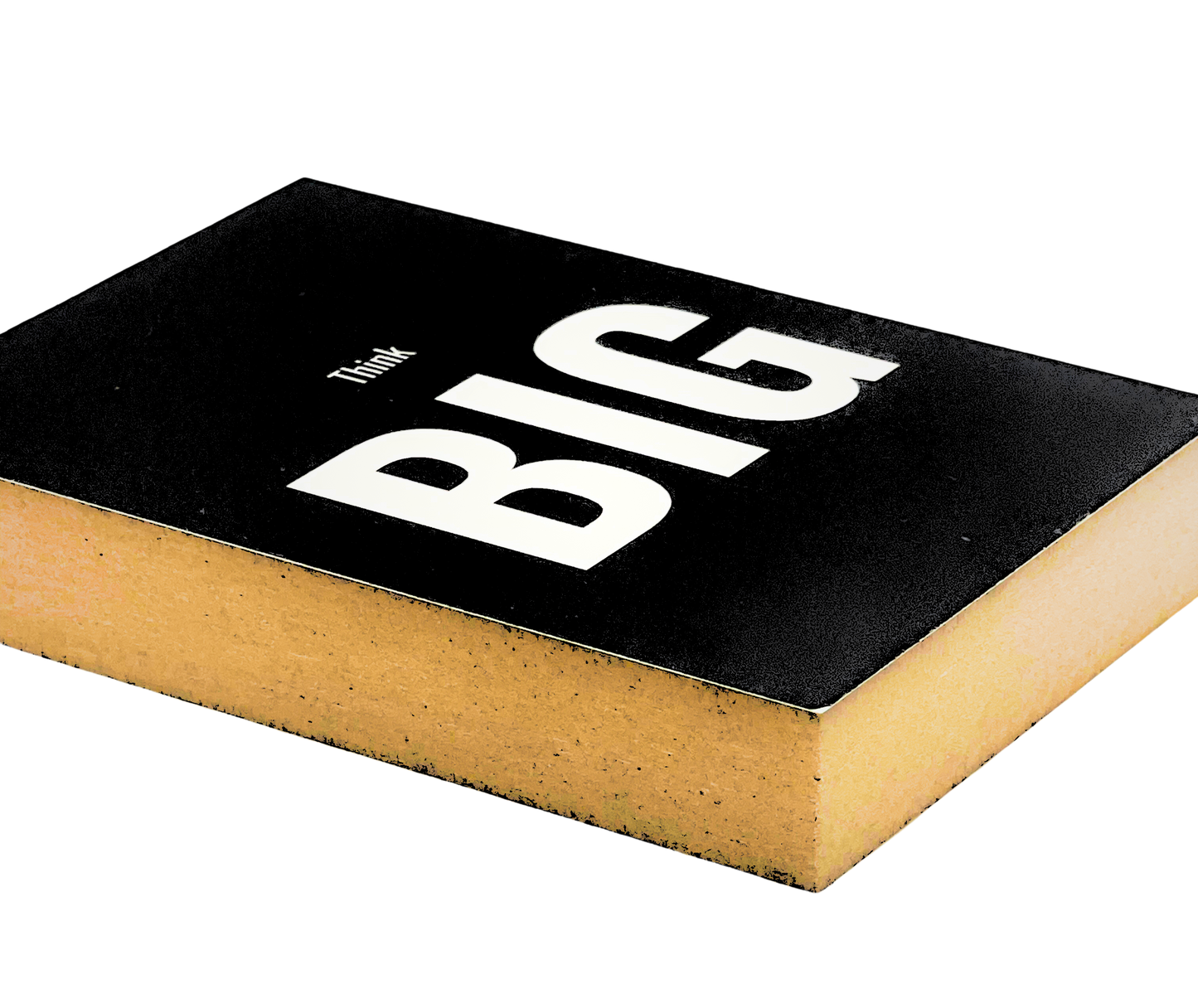 Liegende Ansicht Holzbild 8,5 x 12 cm mit weißer Schrift auf schwarzem Untergrund "Think big".