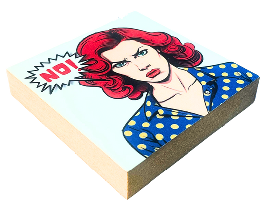 Liegende Ansicht Pop Art Holzbild No! – buntes Motiv, 10 x 10 cm, moderne Wanddeko