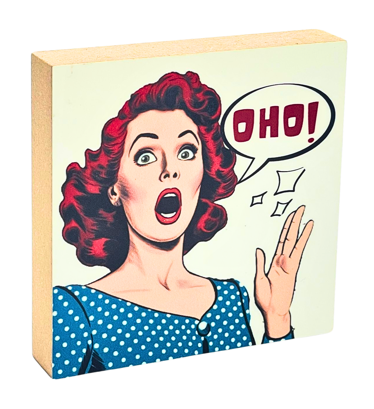 Pop Art Holzbild Oho! – buntes Motiv, 10 x 10 cm, moderne Wanddeko
