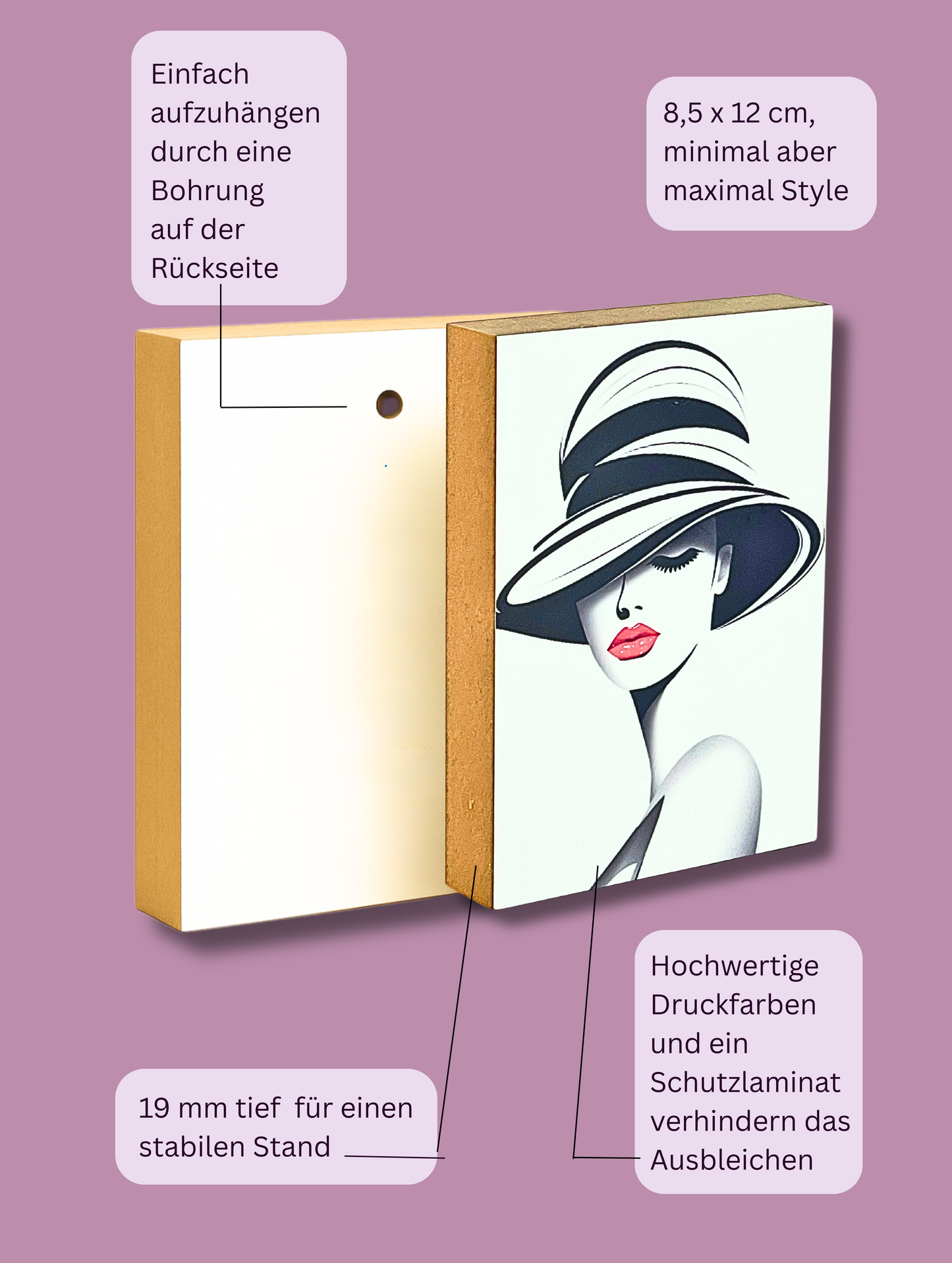 Vorder- und Rückseite des Holzbildes mit Schwarz-Weiß Zeichnung eines Frauenkopfes mit Aufzählung der Produktvorteile