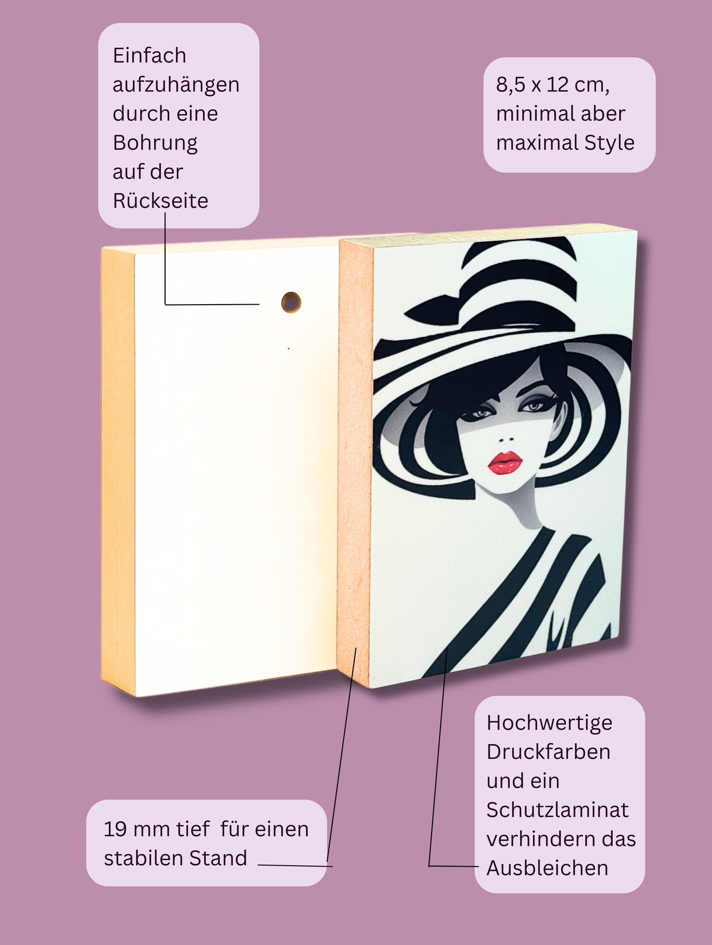 Vorder- und Rückseite Holzbild Mit Hut No. 3 mit Aufzählung der Produktvorteile