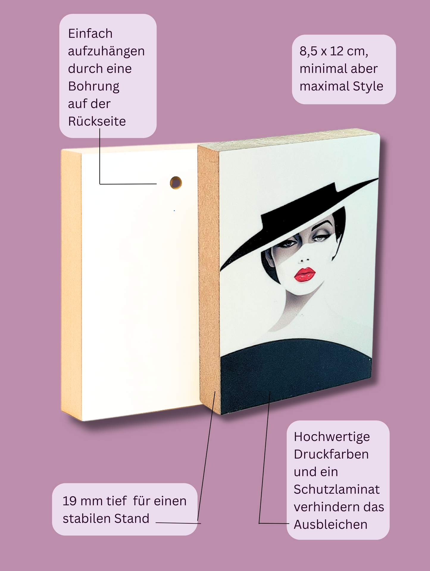 Vorder- und Rückseite Holzbild Mit Hut No.4 mit Aufzählung der Produktvorteile