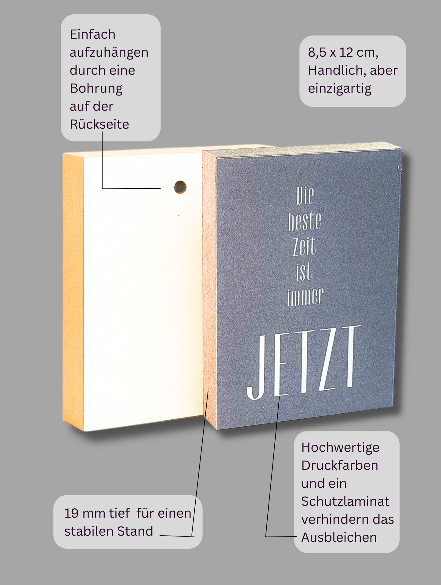 Vorder- und Rückseite Holzbild "Die Beste Zeit ist immer jetzt" mit Aufzählung der Produktvorteile.
