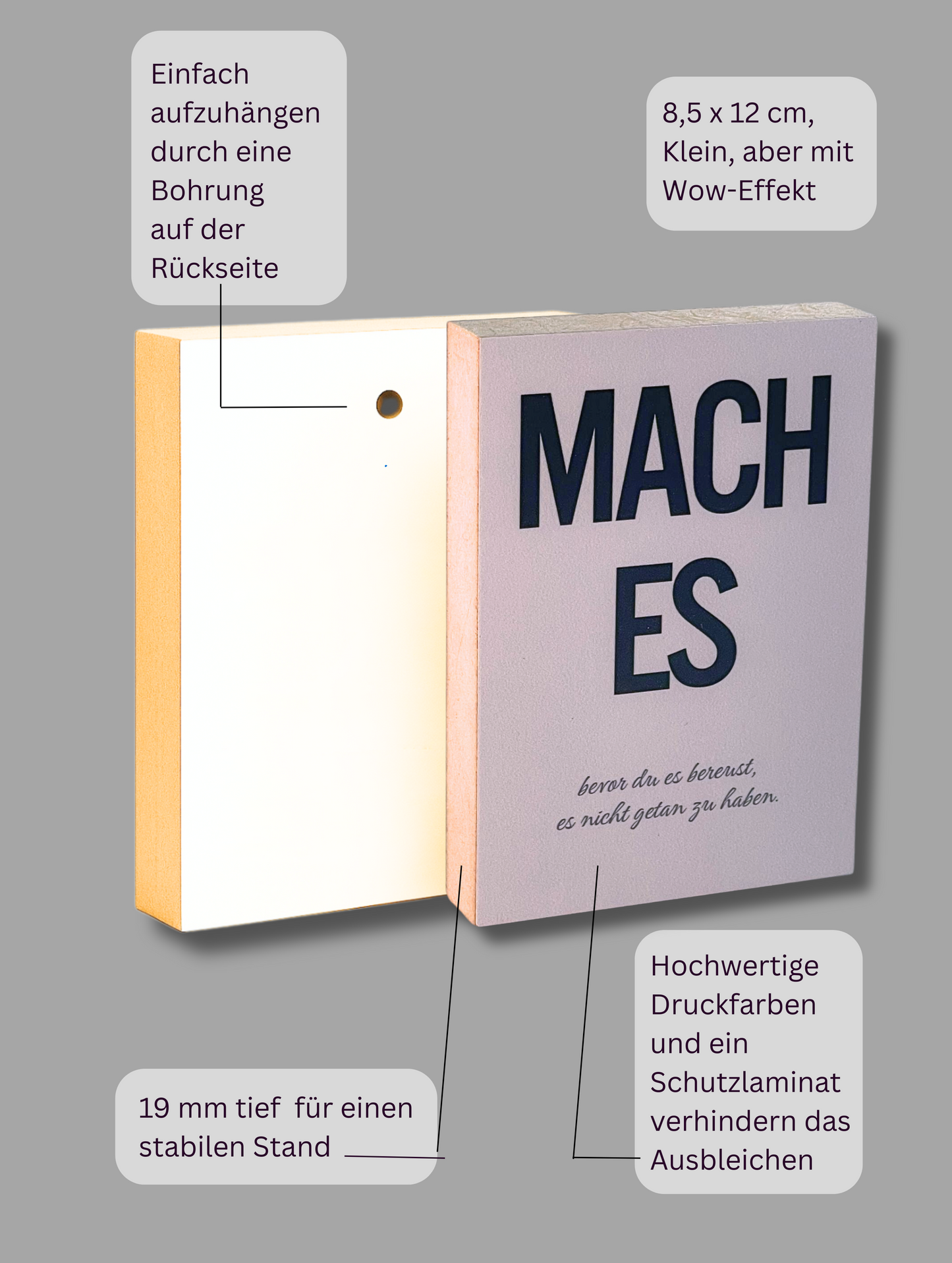Vorder- und Rückseite Holzbild Motivation "Mach es..." mit Aufzählung der Produktvorteile