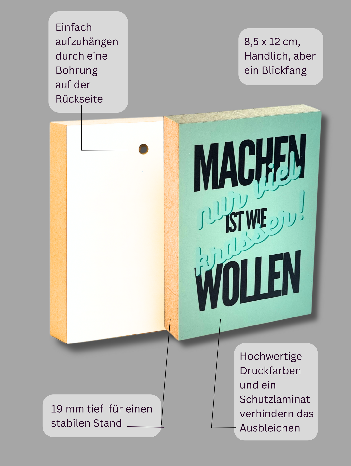 Vorder- und Rückseite Holzbild Motivation "Machen ist wie Wollen, nur viel krasser!" mit Aufzählung der Produktvorteile
