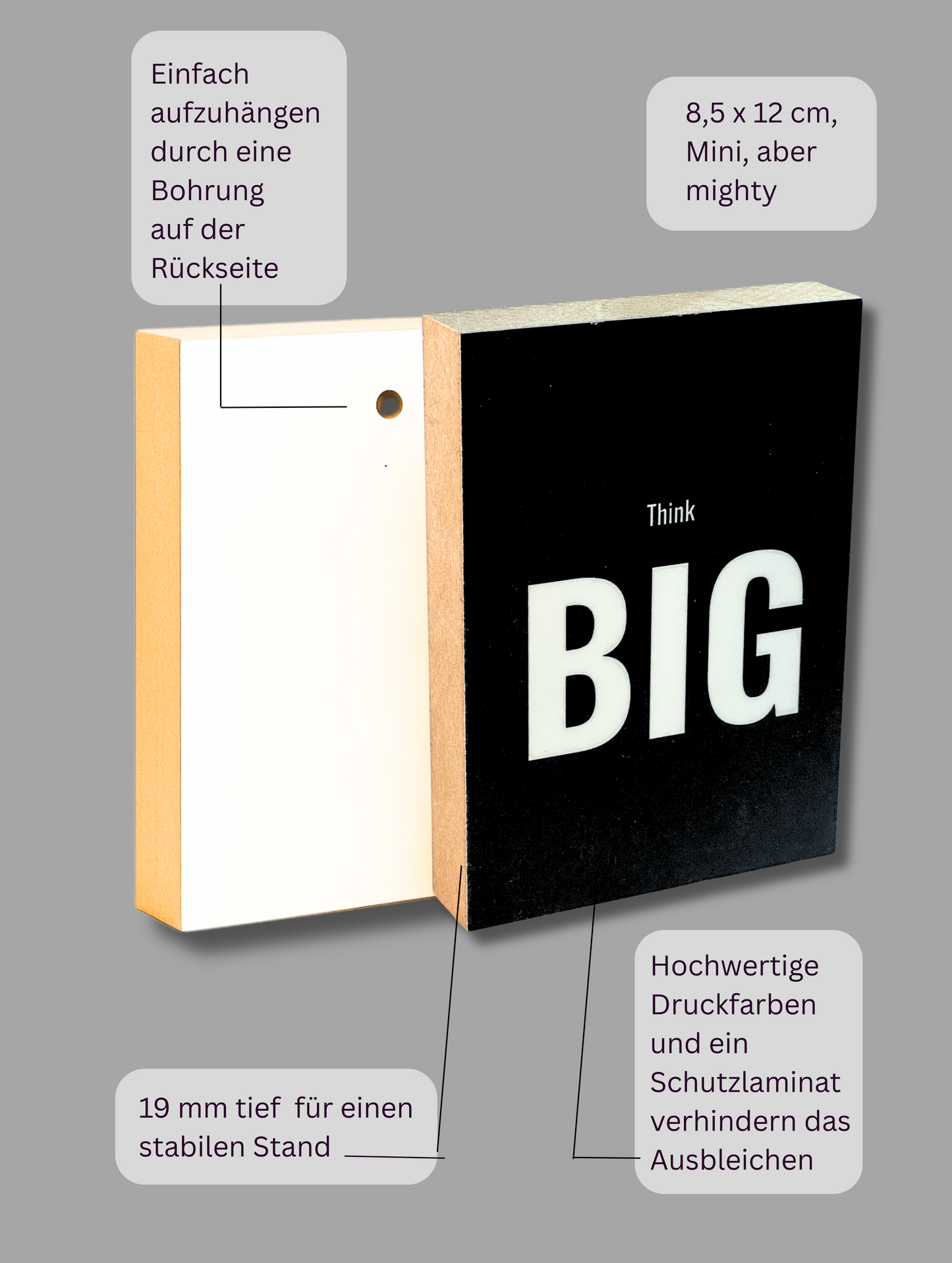 Vorder- und Rückseite Holzbild "Think big" mit AUfzählung der Produktvorteile.