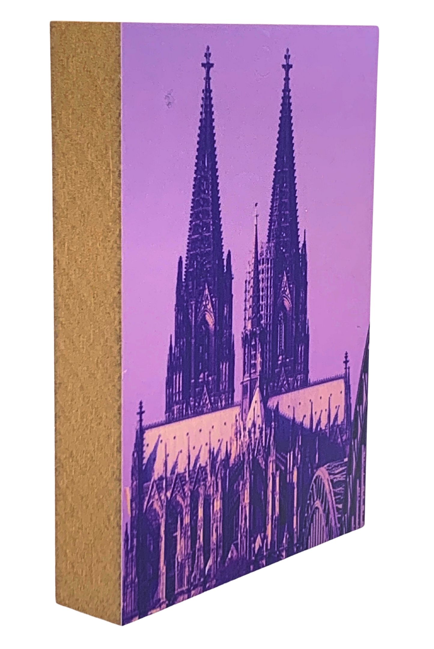 Holzbild 8, x 12 cm mit einem usschnitt des Kölner Doms in Violett- und Blautönen