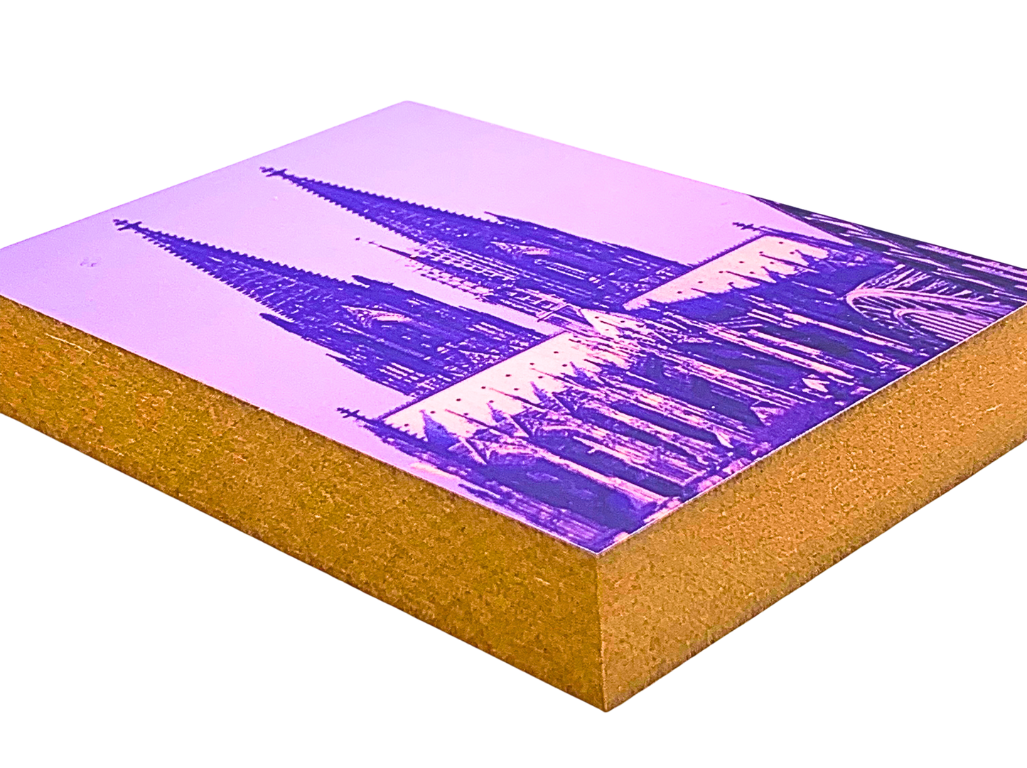 Liegende Ansicht Holzbild 8, x 12 cm mit einem usschnitt des Kölner Doms in Violett- und Blautönen