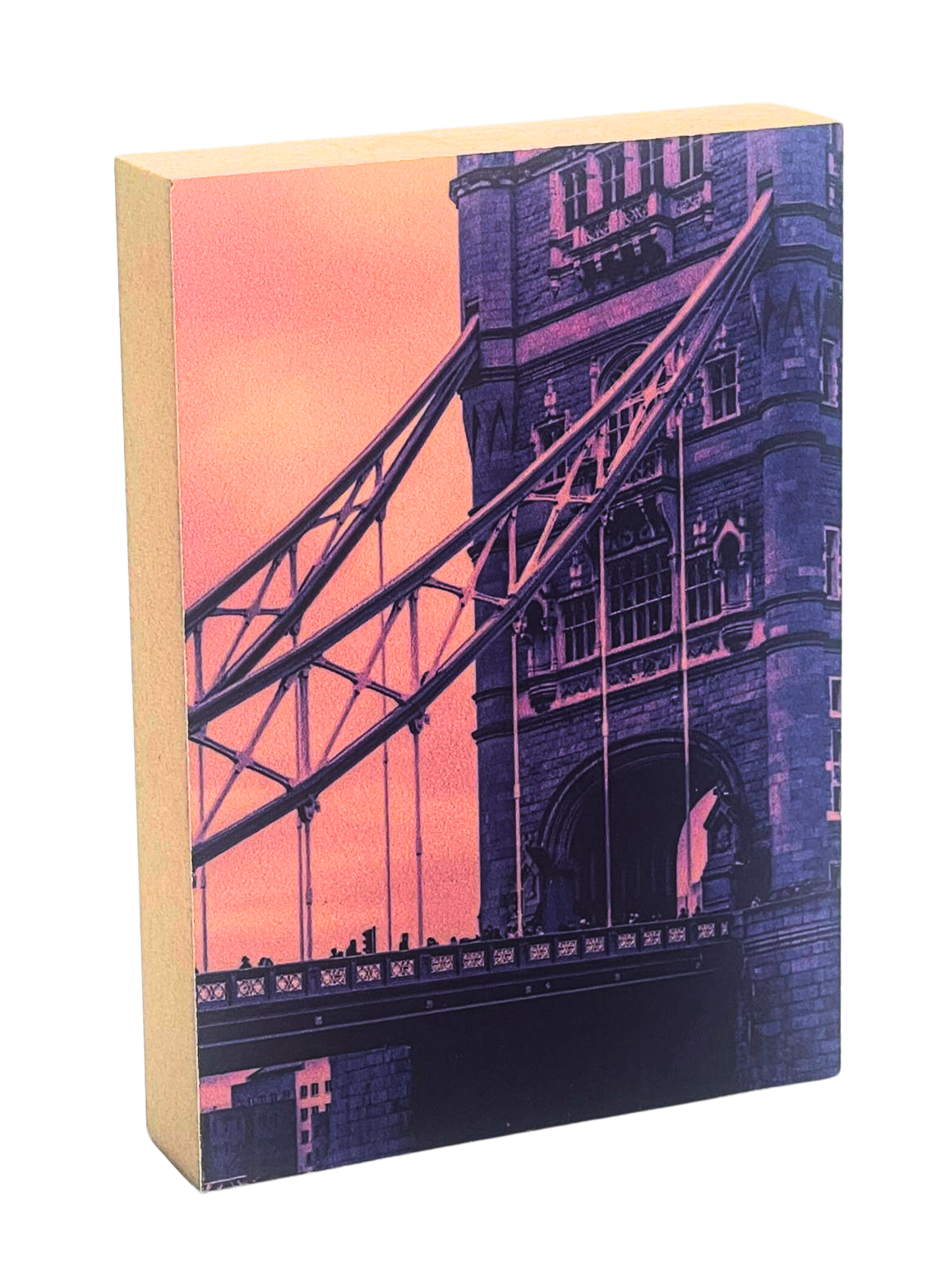 Holzbild 8,5 x 10 cm mit einem Ausschnitt der Tower Bridge in Violett