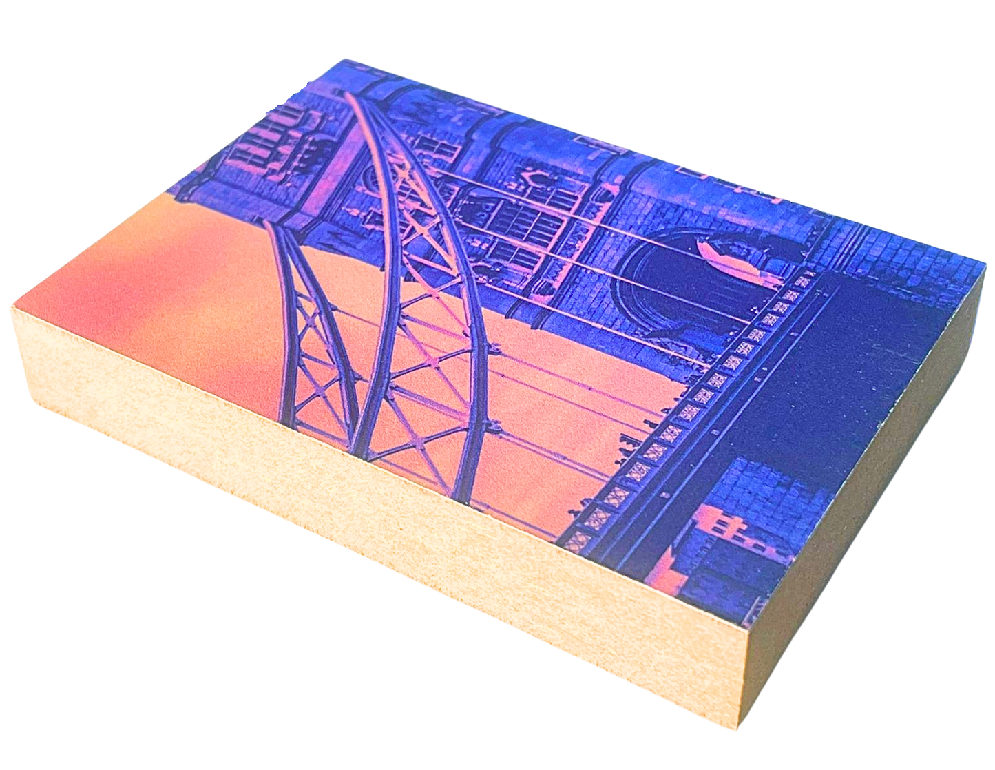 Liegende Ansicht Holzbild mit einem Ausschnitt der Tower Bridge in Violett