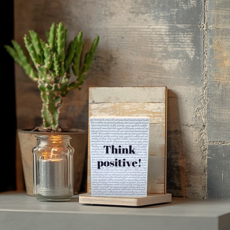 Holzbild "Think positiv" vor einer Betonwand neben einer Pflanze und einer Kerze.