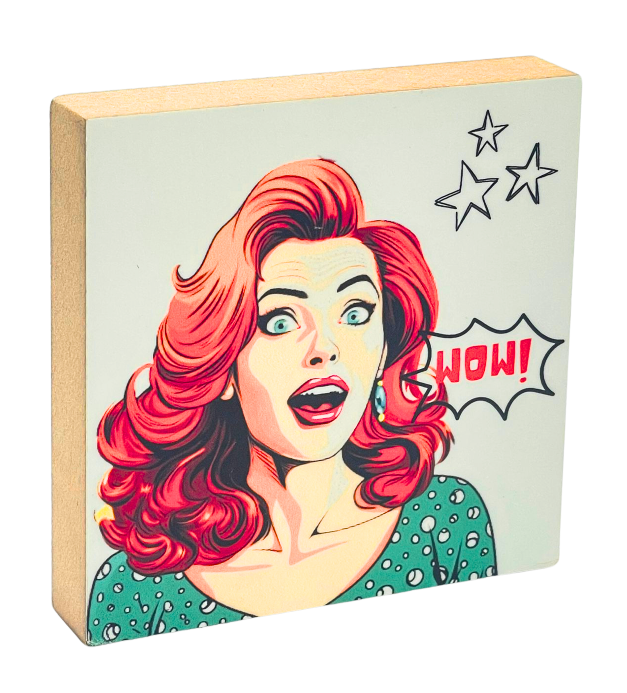 Pop Art Holzbild Wow – buntes Motiv, 10 x 10 cm, moderne Wanddeko