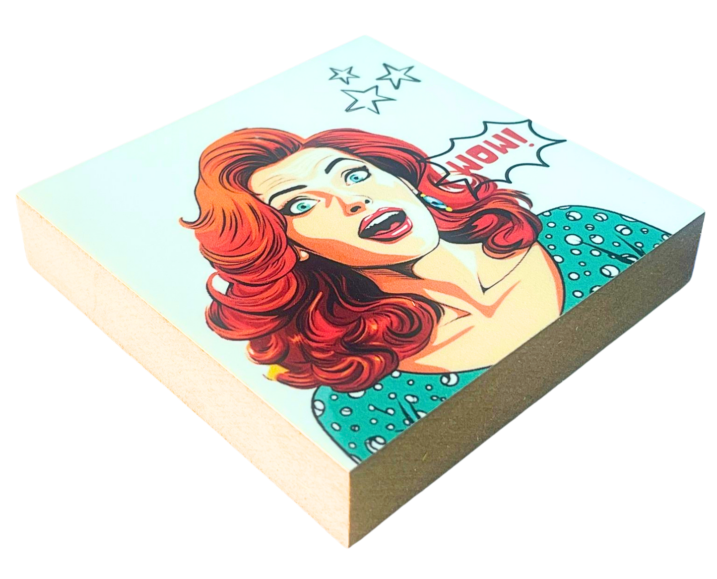 Liegende Ansicht Pop Art Holzbild Wow – buntes Motiv, 10 x 10 cm, moderne Wanddeko