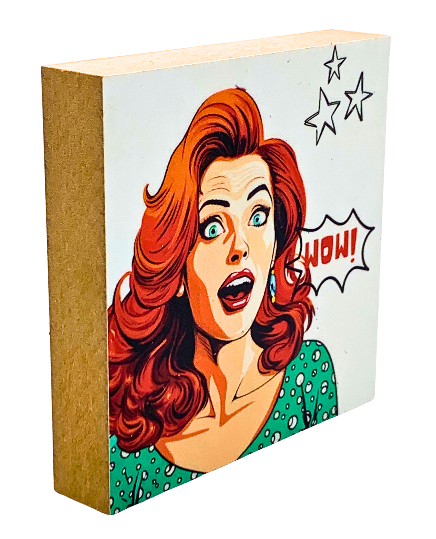 Seitliche Ansicht von Holzbild 10 x 10 cm mit Pop Art Motiv Frau mit ĂĽberraschtem Gesichtsausdruck und Sprechblase "Wow!"