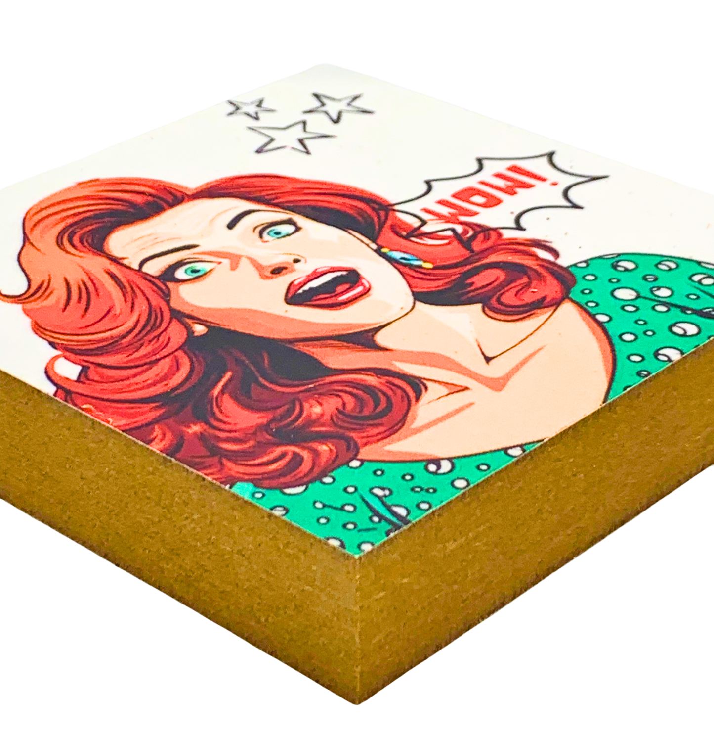 Liegende Ansicht von Holzbild 10 x 10 cm mit Pop Art Motiv Frau mit ĂĽberraschtem Gesichtsausdruck und Sprechblase "Wow!"