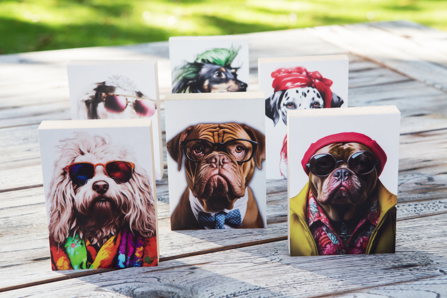Alle sechs Motive der Kollektion Crazy dogs auf einem Holztisch stehend.