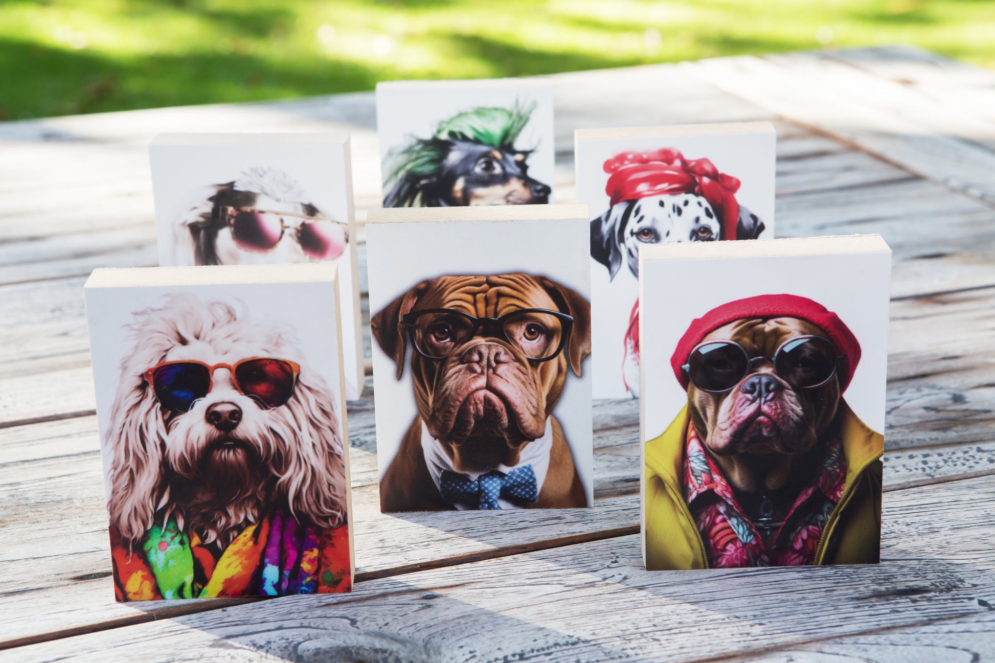 Alle sechs Motive der Kollektion Crazy dogs auf einem Holztisch stehend.